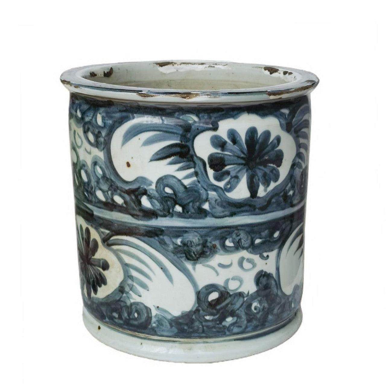 Blue and white ceramic vase with floral patterns on a white background