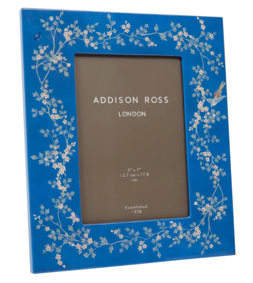 Blue photo frame with floral designs and Addison Ross branding on a white background
