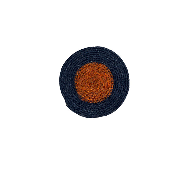 Round woven coaster with blue outer ring and orange center on a white background