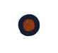 Round woven coaster with blue outer ring and orange center on a white background