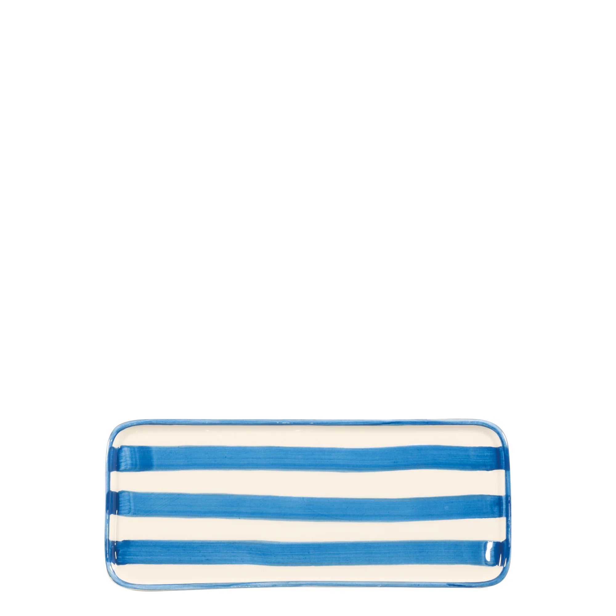 Rectangular ceramic plate with blue and white stripes on a white background