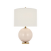 Table lamp with a round pink base and white shade on a black background