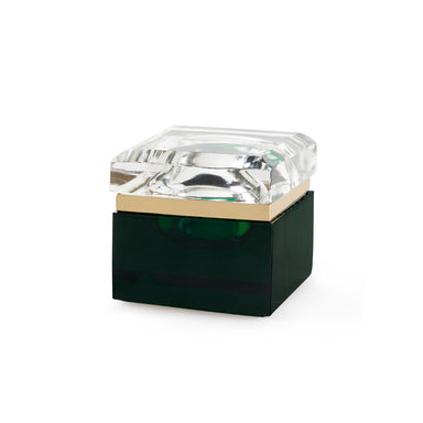 Box container with a clear glass top and green base on a white background