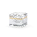 Clear cube-shaped glass box with gold accent on a white background