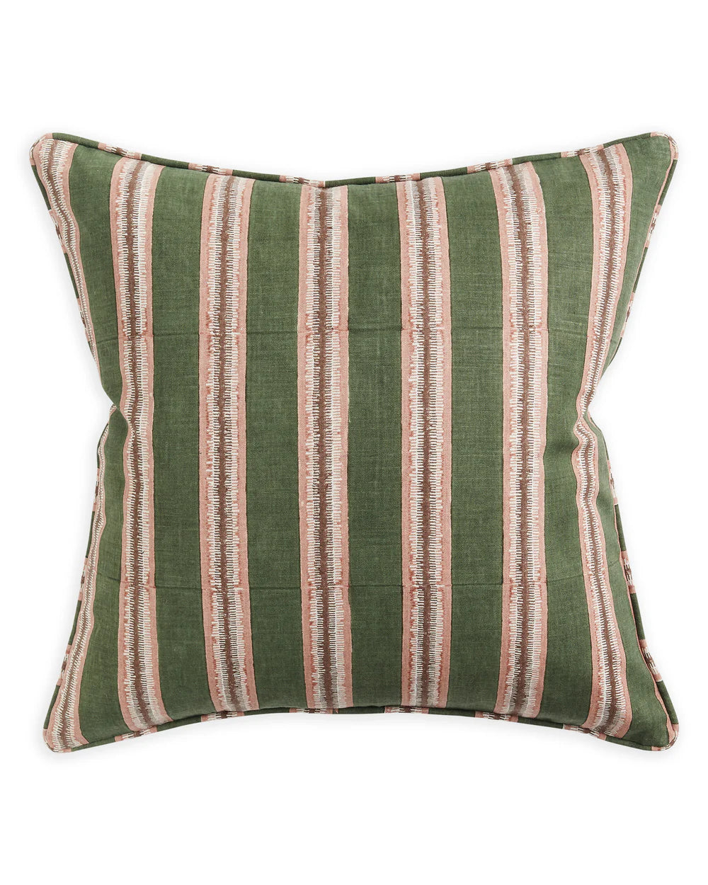 Striped green and beige pillow on a white background