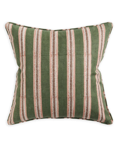 Striped green and beige pillow on a white background