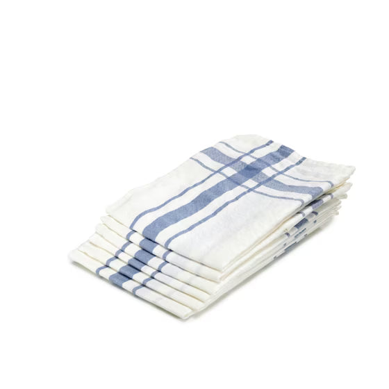 Stack of folded blue and white checkered towels on a white background