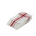 Stack of white towels with red stripes on a white background
