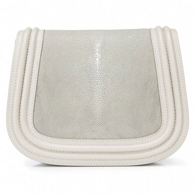 Silver and white leather saddle bag on a white background