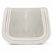 Silver and white leather saddle bag on a white background