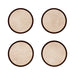 Four round beige coasters with brown rims on a white background