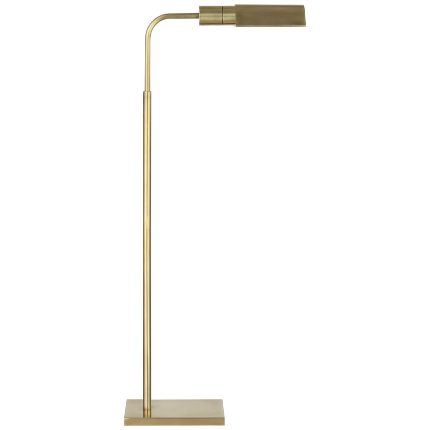 Gold floor lamp with adjustable arm on a white background