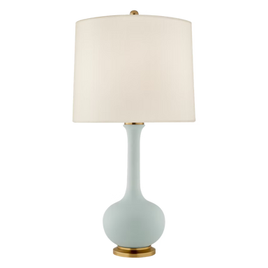 Table lamp with a white shade and light blue base on a white background