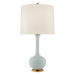 Table lamp with a white shade and light blue base on a white background