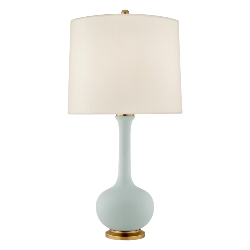 Table lamp with a white shade and light blue base on a white background