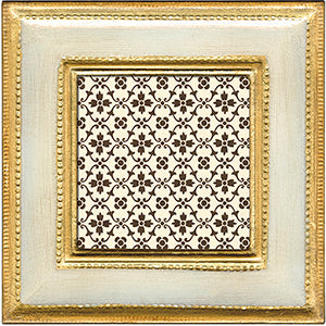 Decorative tile with a geometric pattern inside a gold frame on a white background
