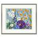 Framed artwork of colorful flowers on a blue background