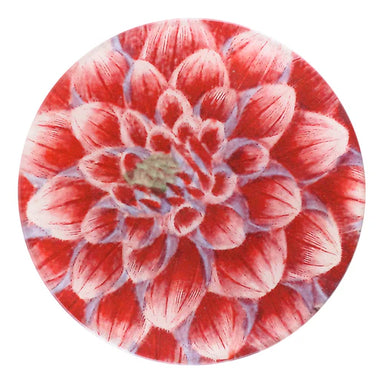 Round red and white floral design on a white background