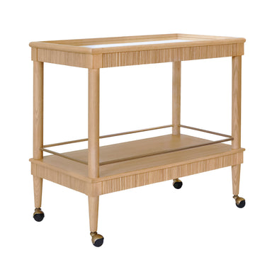 Wooden serving cart with wheels on a white background