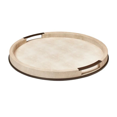 Round tray with a beige surface and black rim on a white background