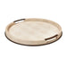 Round tray with a beige surface and black rim on a white background