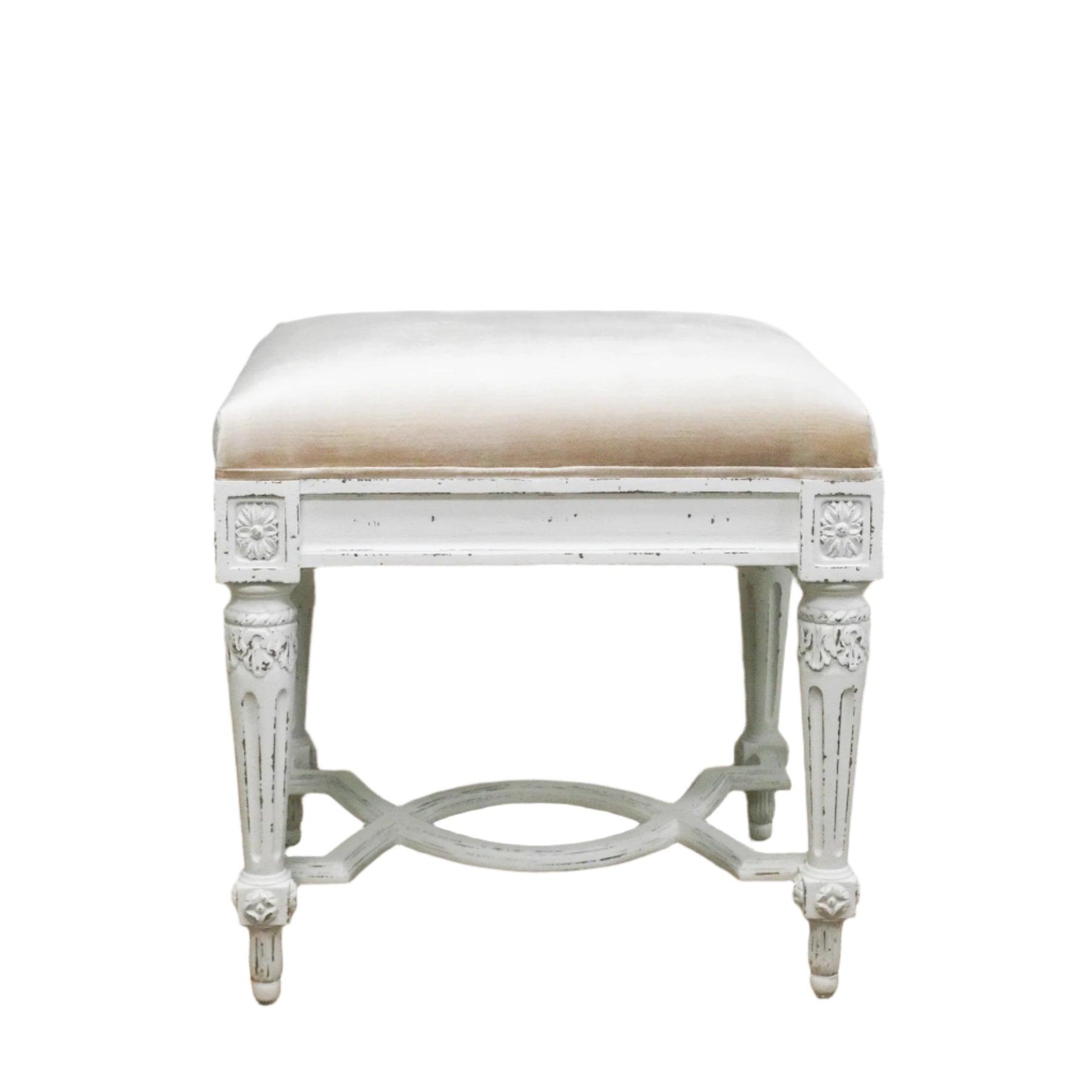 velvet-top bench with white painted legs