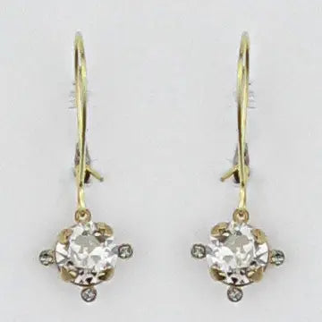 A pair of gold leverback earrings with clear round-cut gemstones in a four-prong setting, shown against a plain light gray background.