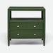 A green Jarin nightstand made with faux Belgian linen, featuring two drawers with gold knobs and a open shelf beneath.