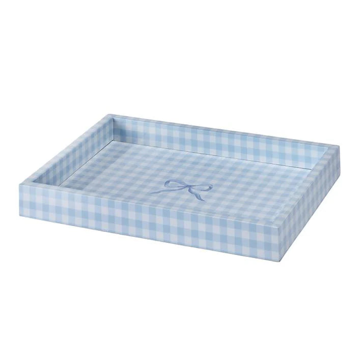 Rectangular tray with blue and white checkered pattern and monogram 'R' on a white background