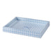 Rectangular tray with blue and white checkered pattern and monogram 'R' on a white background