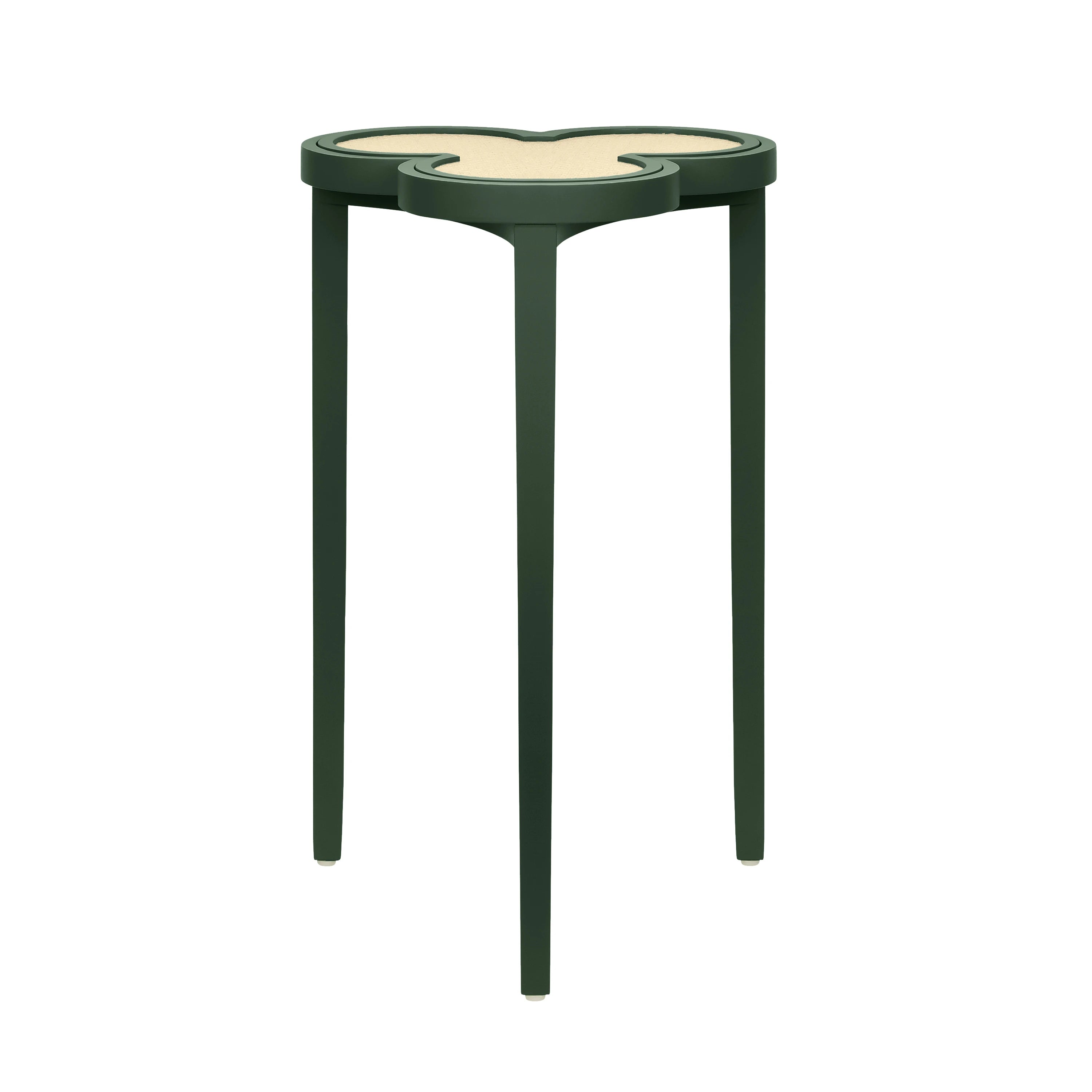 Green side table with a beige top on a white background