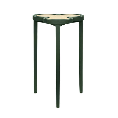 Green side table with a beige top on a white background
