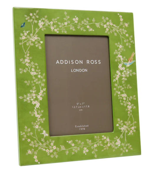 Green photo frame with floral design and Addison Ross branding