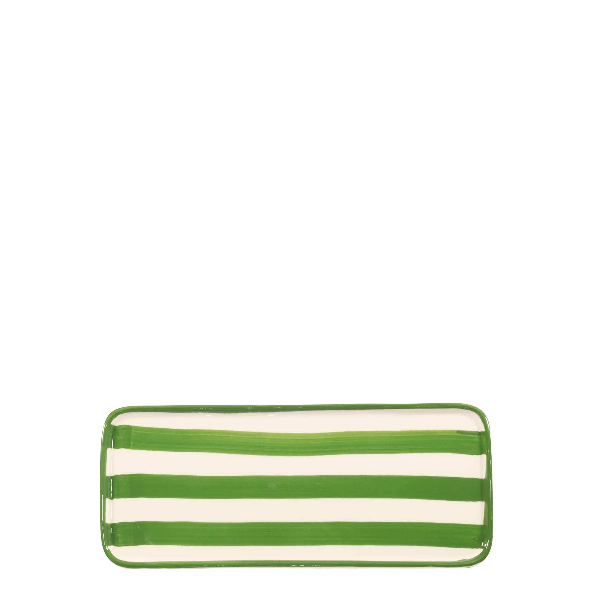 Rectangular green and white striped tray on a white background