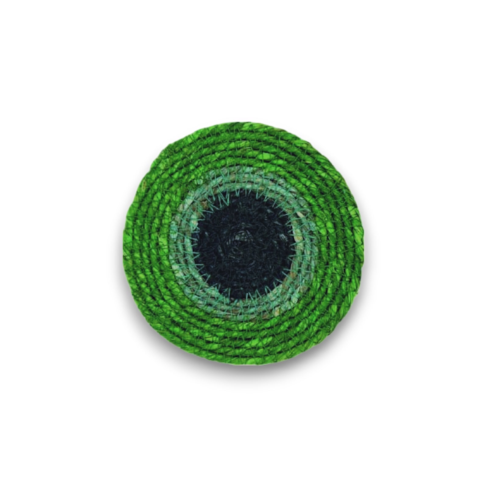 Round green woven coaster on a white background