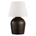 Table lamp with a textured brown base and white shade on a black background