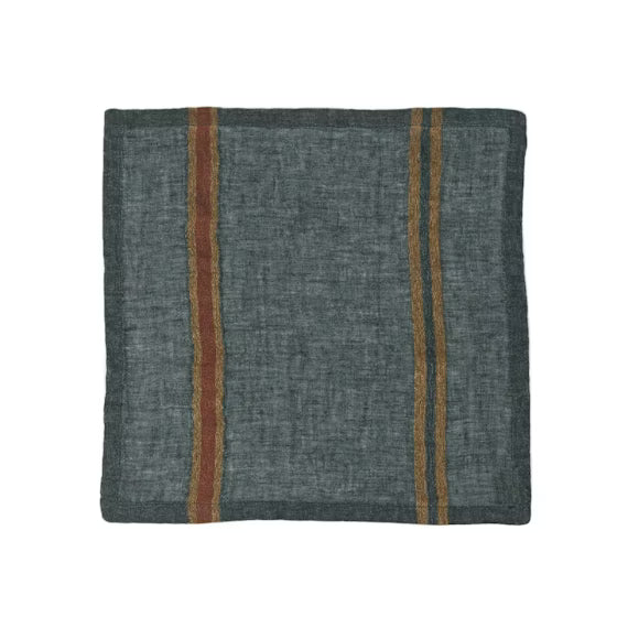 Gray linen napkin with red and yellow stripes on a white background