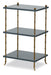 Three-tiered shelf with brass accents on a white background