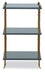 Three-tiered shelf with brass accents on a white background