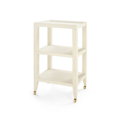 A three-tier wooden rolling cart in a distressed off-white finish with small gold caster wheels, shown on a plain white background.