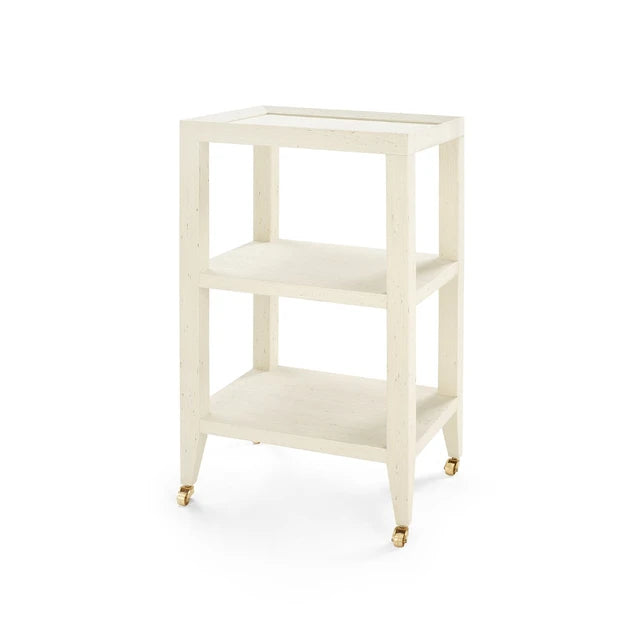 A three-tier wooden rolling cart in a distressed off-white finish with small gold caster wheels, shown on a plain white background.