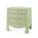 Green nightstand with gold ring handles on a white background