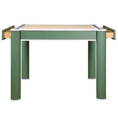 Green table with wooden top on a white background