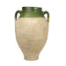 Tall ceramic vase with green top and beige body on a white background