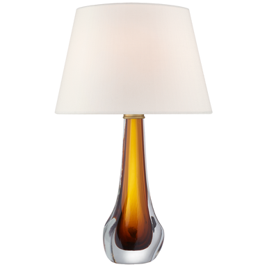 A Visual Comfort & Co. Christa Large Table Lamp with a white shade and a brown to clear gradient base.