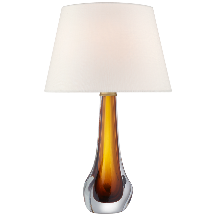 A Visual Comfort & Co. Christa Large Table Lamp with a white shade and a brown to clear gradient base.