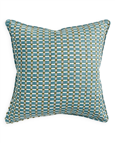 A square decorative throw pillow featuring a woven geometric checkered pattern in teal blue, olive green, and cream, shown against a plain white background.