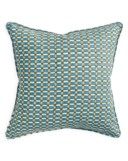 A square decorative throw pillow featuring a woven geometric checkered pattern in teal blue, olive green, and cream, shown against a plain white background.