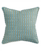 A square decorative throw pillow featuring a woven geometric checkered pattern in teal blue, olive green, and cream, shown against a plain white background.