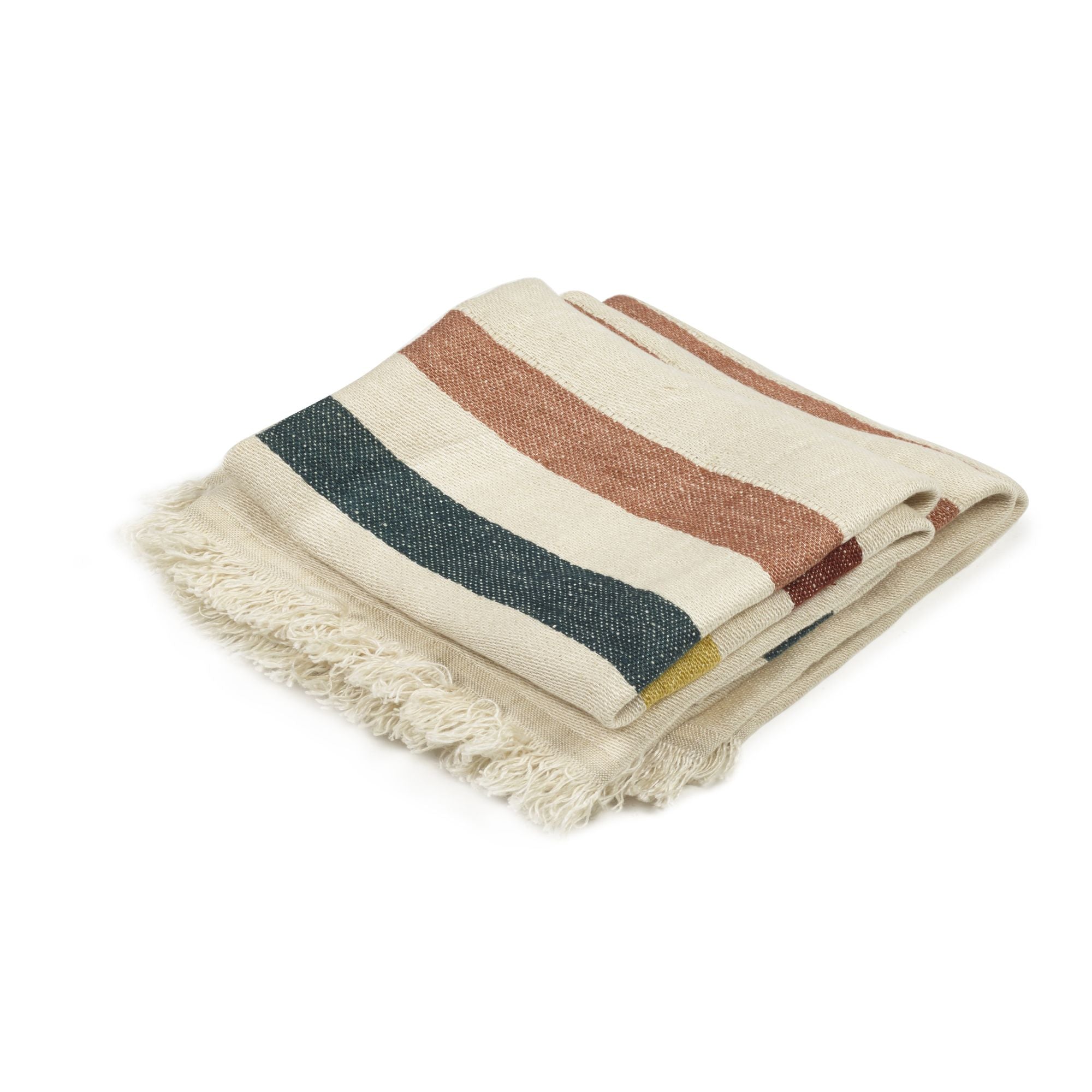 Striped blanket with fringes on a white background